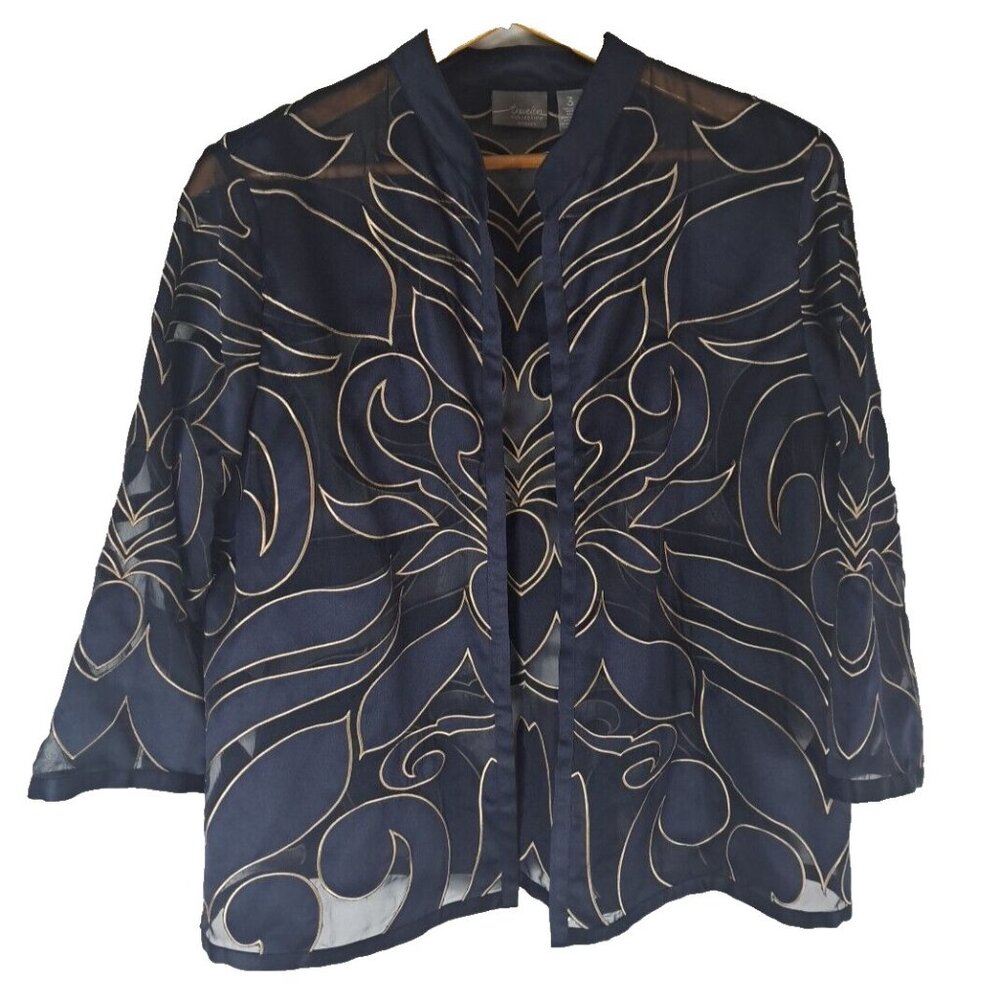 Womens Chicos Cardigan Navy Blue Satin Metallic Gold Open Front Sheer 3 XL